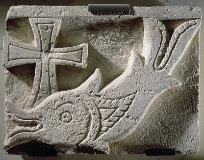 Relief depicting a fish and a cross, from the cemetery of Ermant, 4th-5th century by Coptic